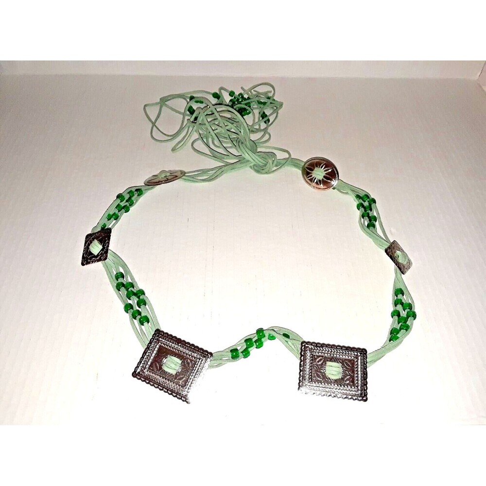 Boho Tie Belt with Plastic Beads and Silver-Tone Medallions Leight Weight